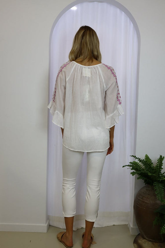 Lulalife Adriana Top White | Floral Embroidered
